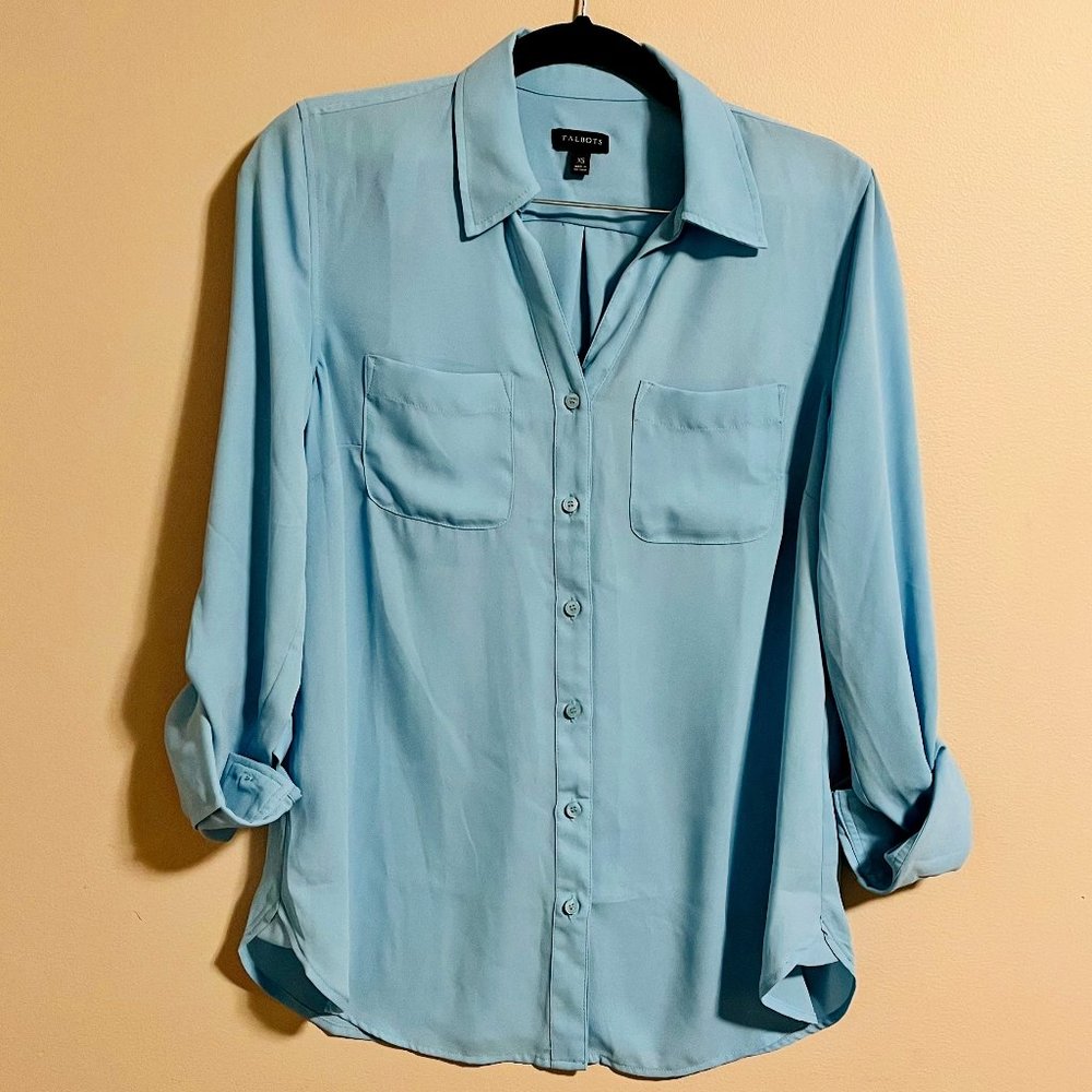 Talbots Cyan Blue Shirt with Front Pockets and Rolled-up Sleeves